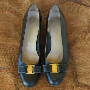Salvatore Ferragamo Black Leather Vara Bow Pumps with Gold Buckle